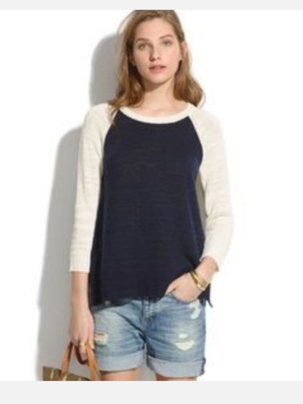 Madewell Silk Linen Cotton Colorblock Sweater Navy Cream Lightweight Knit